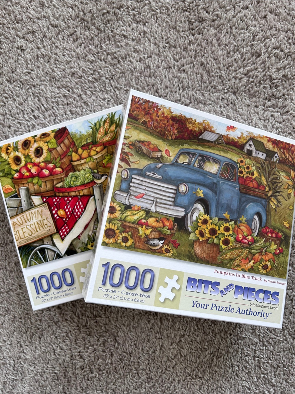 (2) NEW 1000 pc Puzzles Susan Wingert - Pumpkin in Blue Truck & Autumn Blessings